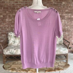 Loft Sweater Short Sleeve Purple Button Detail  Pastel Merino Wool Blend XXL NWT